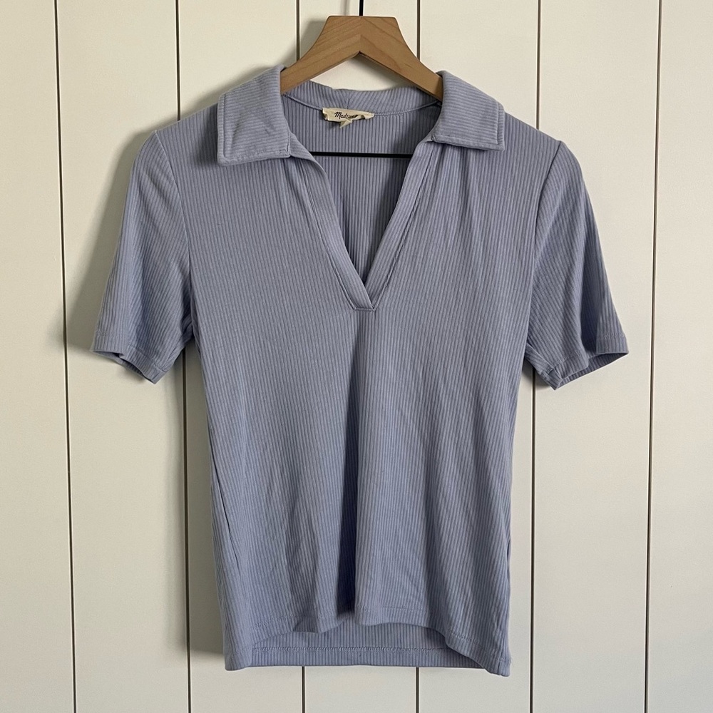 Madewell Drapey Rib Short Sleeve Polo Top Blue